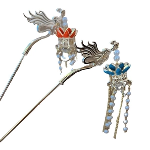 Ancient Chinese style glowing phoenix hairpins with red blue enamel and pearl tassels