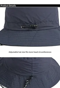 Detail of adjustable drawstring and toggle on navy outdoor quick-dry sun bucket hat