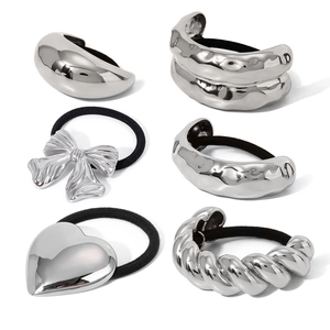6-piece silver stainless steel hair ties set with heart bow and lava texture charms