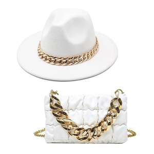 Elegant white wide-brim felt fedora hat and matching quilted chain crossbody bag set