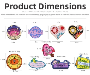 Detailed size chart for various colorful metal lapel pins and cartoon brooch styles