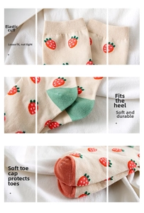 Detailed views of cotton socks showing elastic cuffs and reinforced heel and toe