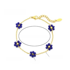 Detail showing crystal flower bracelet measurements 18cm plus 4cm extension and materials