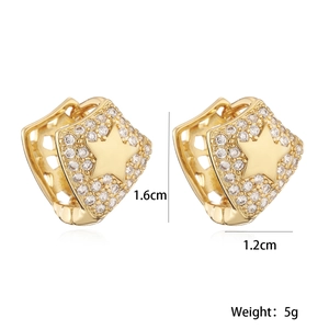 Macro view of gold-plated square earrings with zircon star detail and size measurements
