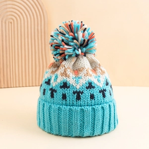 Winter Warm Strickmütze Beanie Für Damen Mit Bunten Bommel Jacquard Geometrisches Muster Acryl Outdoor Fashion Skull Cap