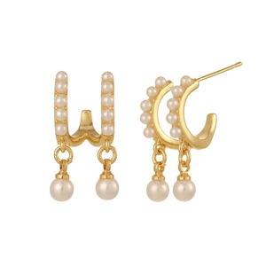 U-shaped gold pearl earrings with micro-pearl rows and round pendants on white background