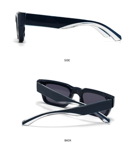 Side and back view of retro square sunglasses featuring dark blue frames and polarized lenses