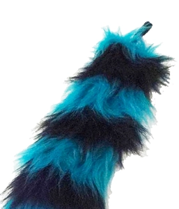 Detail of plush fox cosplay tail with blue and black stripes for Halloween costumes