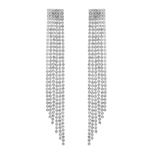 Sparkling silver fringe drop earrings with crystal rhinestones in a sleek vertical design