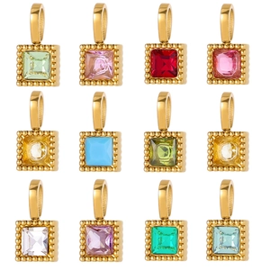 Square Zircon Pendant 18K Gold Plated Stainless Steel Beaded Edge Colorful Birthstone Charms For Jewelry Making DIY Necklace