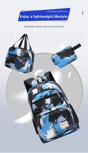 Detailed view of the 3-piece backpack set including lunch bag and pencil case with blue ink art