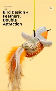 Detail of bird cat toy with natural feathers, elastic string, and insulation sheet pull