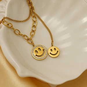 Collier Pendentif Sourire Multirang Acier Inoxydable 304 Plaqué Or 18K Avec Zircone Pour Femmes Mode