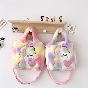 Rainbow plush unicorn handbag with soft faux fur and sequin heart detail for girls