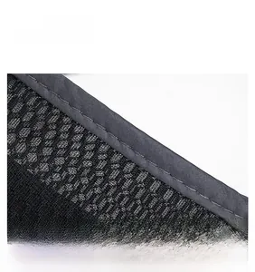 Close-up of black mesh fabric with reinforced grey stitching and durable bound edges