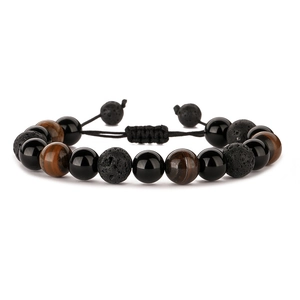 Handmade 10mm lava stone and tiger eye beaded bracelet with adjustable woven cord