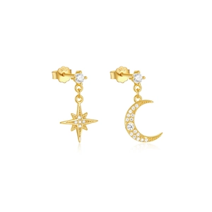 Detail view of gold S925 silver star and moon earrings with white zircon accents