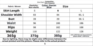 Size chart for women's denim blue ruffled mini dress with detailed garment measurements