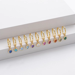 S925 sterling silver birthstone huggie earrings with 12 colors of round gemstones