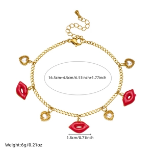 Golden stainless steel chain bracelet featuring red enamel lips and heart diamond charms