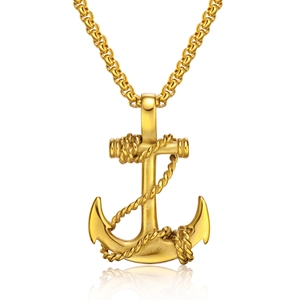 Polished gold anchor pendant necklace with rope detail on white background
