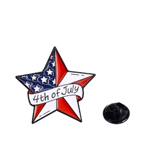 Star-shaped US flag enamel brooch with 4th of July banner and black rubber back pin