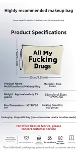 Detail view of linen multi-functional organizer with humor quote and size specifications