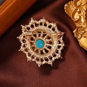 Ethnic vintage turquoise brooch with hollow geometric design and gold back pin closure