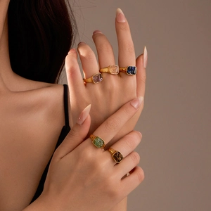 French Vintage Stainless Steel Square Natural Stone Inlaid Ring For Women Gold Plated Geometric Fashion Finger Ring Jewelry