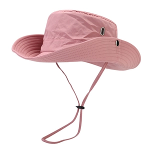 Pink quick-dry bucket hat for hiking and camping with wide brim and adjustable drawstring