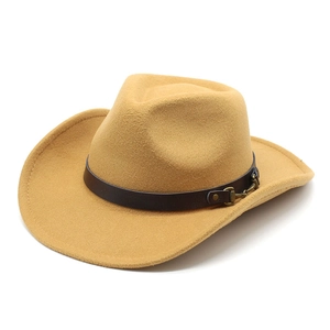 Detailed close-up of a camel felt cowboy hat with vintage brown leather belt and metal buckle