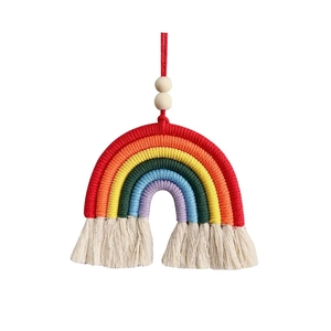 Handmade woven cotton rainbow wall hanging decoration with colorful tassels and wood beads