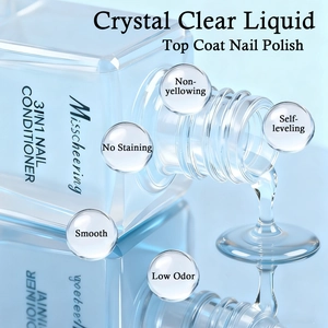Macro detail of clear 3-in-1 nail treatment liquid showing smooth and glossy texture