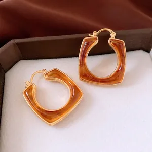 Vintage 18k gold plated resin geometric hoop earrings with brown marble texture