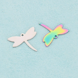 Minimalist stainless steel dragonfly pendants in silver and rainbow iridescent metal finish
