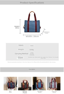 Detailed size guide for denim tote bag showing dimensions 38x30x13cm and weight 0.61kg
