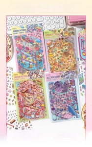 Flat lay of 2.5D cartoon stickers in various themes like sea lab and game center