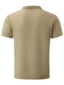 Rear view of khaki waffle texture men's short sleeve polo shirt on white background