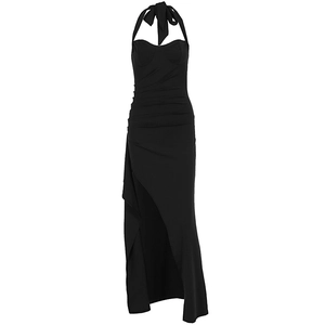 Elegant black halter neck long dress with side high slit and ruched waist design