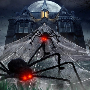Macro detail of giant white spider web with glowing red-eyed black spiders for Halloween