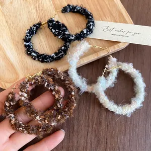 Boucles D'oreilles Créoles Rondes Géométriques Avec Tige En Argent Tricotées En Laine Automne Hiver