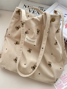 Sac fourre-tout en velours côtelé avec broderie ours et fermeture magnétique crème