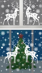 White Christmas reindeer silhouette and snowflake static cling window stickers for festive decor