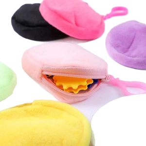 Mini plush round coin purse keychain with plastic D-ring hook in six assorted bright colors