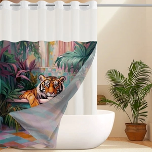 Detail of waterproof tiger art shower curtain with metal eyelets in a modern bathroom