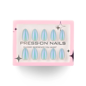 Short almond press-on nails with blue aurora cat eye effect in premium packaging