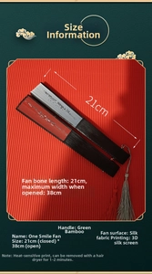 Bamboo folding fan specifications with silk fabric and 21cm size detail for dancing