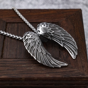Vintage Angel Wing Pendant Necklace Polished Stainless Steel Feather Double Wings Jewelry For Men Women Punk Gothic Style