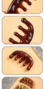 Detailed close-up of dark sandalwood meridian massage comb with ergonomic wooden texture
