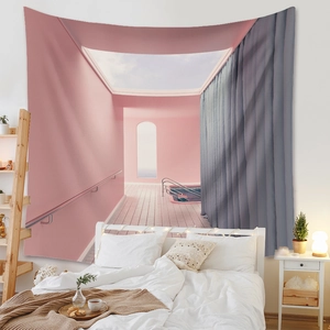 Detail of surreal interior pool tapestry with soft pink walls and grey drapes décor